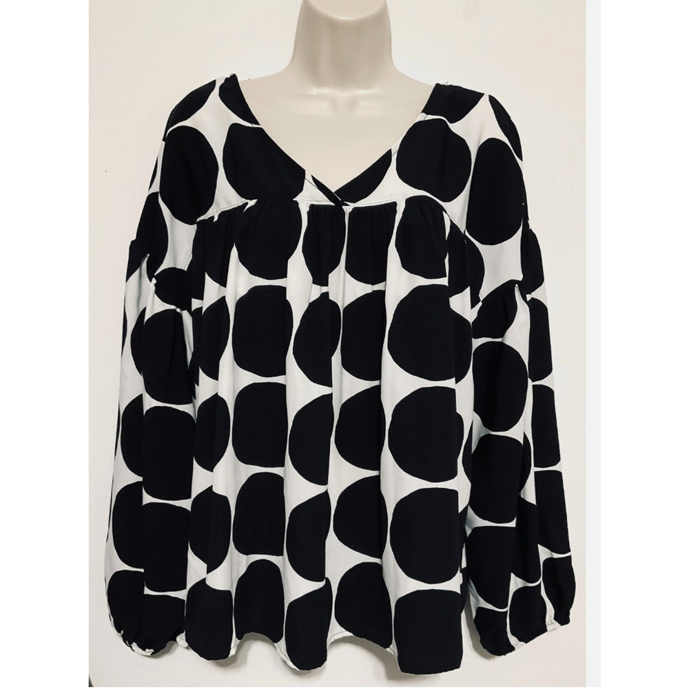 Boutique Ces femme M Top white black polka dot V neck long puff sleeve pleated